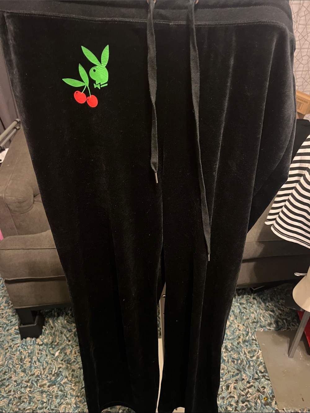 PLAYBOY Black Velvet Joggers with Green Bunny and Red Cherries